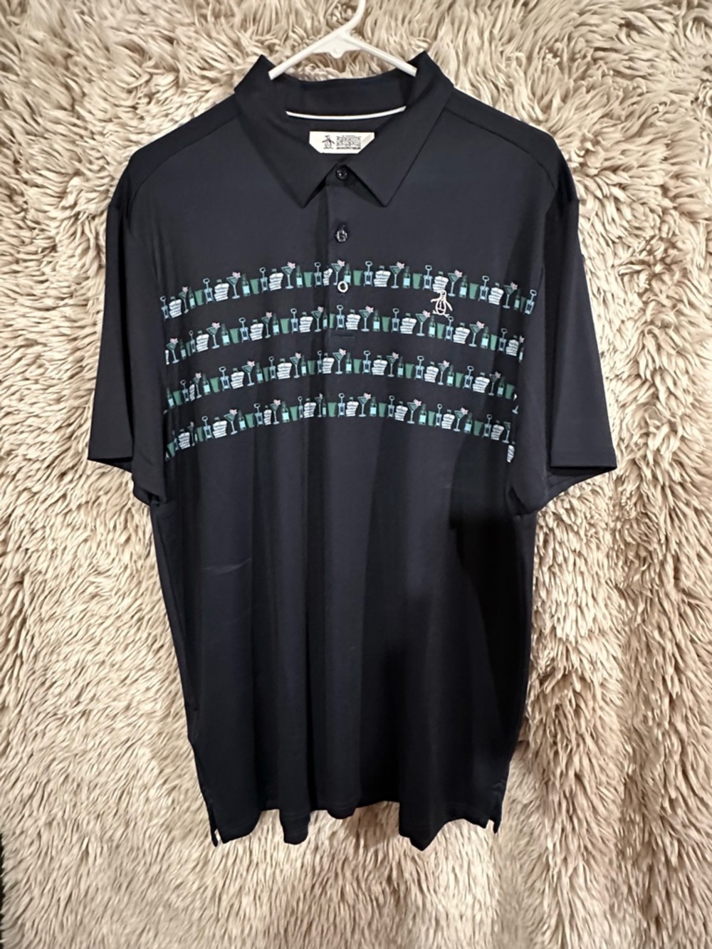 Original Penguin Black Short-Sleeve Polo with Teal Stripe Graphics
